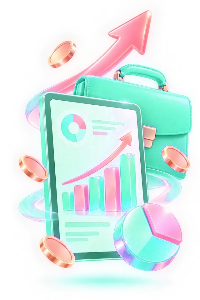 Планшет с презентацией продаж, портфель и графики роста